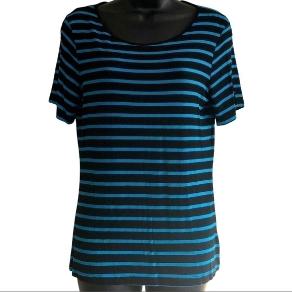 SOFT cable & gauge T-shirt with Button statement sleeves in Blue Black Stripes - Picture 1 of 7